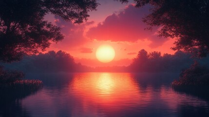 Serene sunset over tranquil lake with vibrant colors (1)