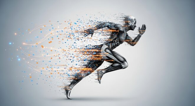 Futuristic runner in motion depicting speed and digital transformation with artificial intelligence