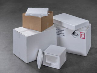 Multiple dry ice containers with styrofoam coolers and cardboard packaging on gray floor