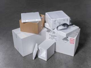 Open dry ice containers showing styrofoam cooler with scoop and visible vapor