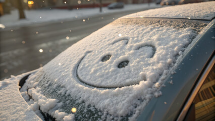 Smiling snow on car: A cheerful depiction of a smiley face etched in fresh snow on the windshield of a car, capturing a moment of wintry playfulness.