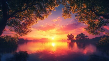 Serene sunset over tranquil lake with vibrant colors (4)