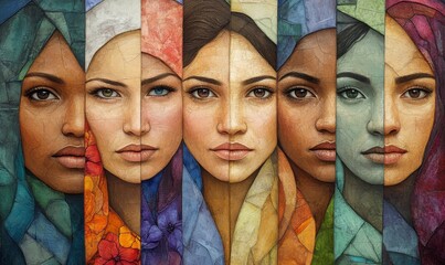 Women's Equality Day, International Women's Day art banner poster featuring diverse women of all ages, nationalities, and religions uniting for female empowerment, Generative AI