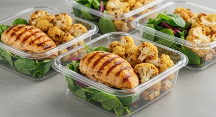 Healthy Meal Prep with Grilled Chicken, Cauliflower, and Spinach in Clear Containers for Fresh Lunch Ideas