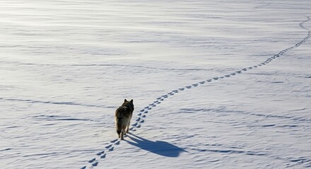 Lone wolf walking across a vast expanse of snow leaving tracks in the pristine white landscape during winter