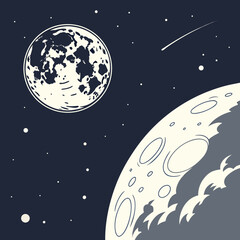 Stylized illustration of the moon and a distant planet in a starry night sky with a shooting star