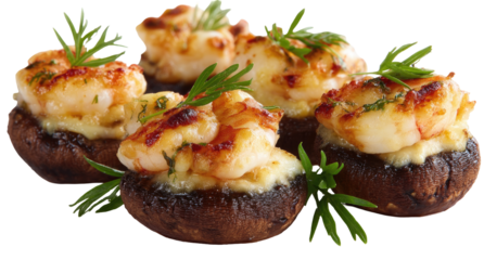 Stuffed mushrooms topped with shrimp, garnished with herbs