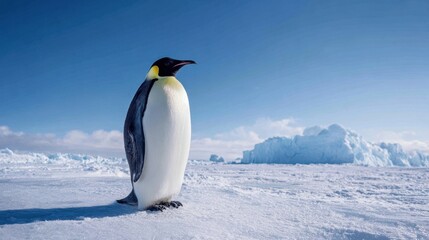 Naklejka premium The majestic emperor penguin standing gracefully against a stunning icy backdrop.