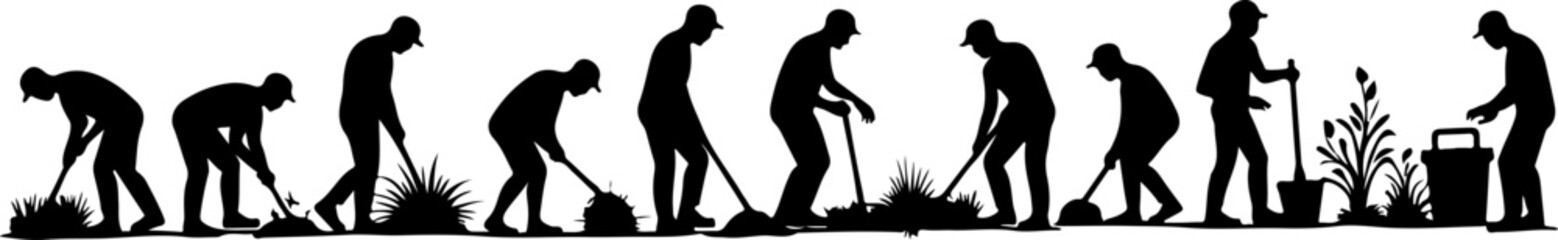 Gardener Silhouettes Performing Planting and Landscaping Tasks vector