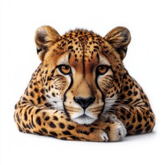 Obraz premium Cheetah lying down looking forward isolated on white background