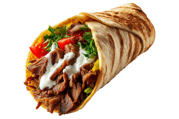 Grilled doner kebab wrap filled with sliced meat, lettuce, tomato, and sauce, captured isolated on white transparent background. Traditional Arabic food