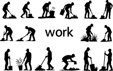 Gardener Silhouettes Performing Planting and Landscaping Tasks vector
