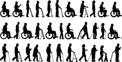 Silhouettes of Elderly and Disabled People with Mobility Aids vector bundle