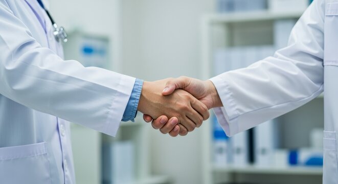 Two medical professionals in white lab coats shaking hands in a modern clinic or hospital setting