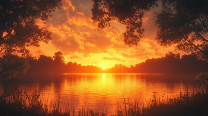 Serene sunset over tranquil lake with vibrant colors