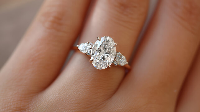 Elegant diamond engagement ring featuring an oval center stone and side accents, resting on a hand with soft skin tones, showcasing luxury and romance in jewelry design