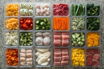 Fitness meal prep features various containers filled with portioned vegetables, lean proteins, and a structured diet plan to promote healthy eating habits. Ready for the week ahead