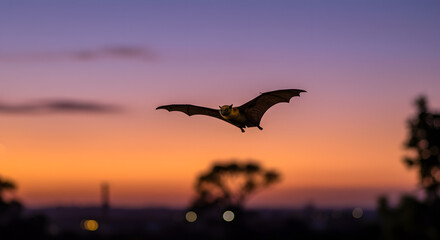 A striking nocturnal flight of a bat silhouettes against a vibrant twilight sky landscape