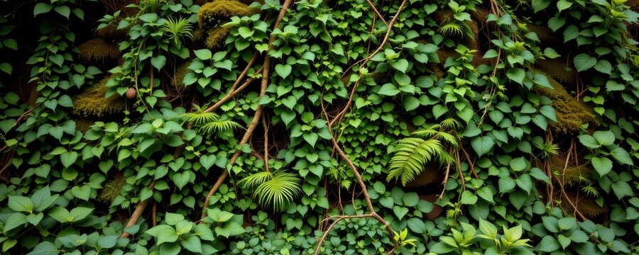 a green wall of overlapping plants in a lush forest with moss ferns vines and small shrubs growing close together no punctuation symbols or special characters are used