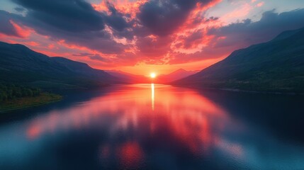 Serene sunset over tranquil lake with vibrant reflections