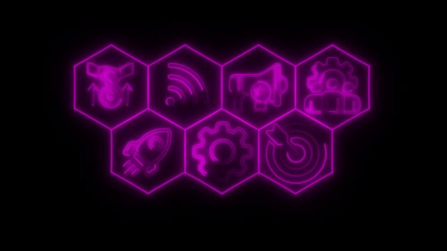 A glowing neon digital clock animation featuring a blue hexagonal honeycomb pattern and 3d geometric structures for a high-tech science and technology backdrop