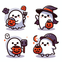 Cute ghost holding trick-or-treat bucket