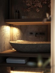 Serene Minimalist Bathroom Design:  Stone Sink and Warm Lighting Enhance Tranquil Ambiance