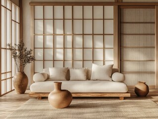 Serene Minimalist Japanese Living Room Interior Design with Shoji Screens and Low Platform Sofa