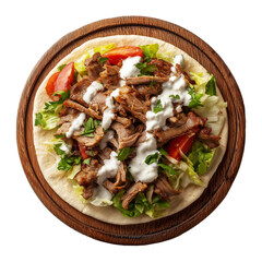 Tasty shawarma wrap in flatbread filled with grilled beef, lettuce, tomato, pickles with garlic sauce on rustic wooden plate, isolated on white background, concept of fast food