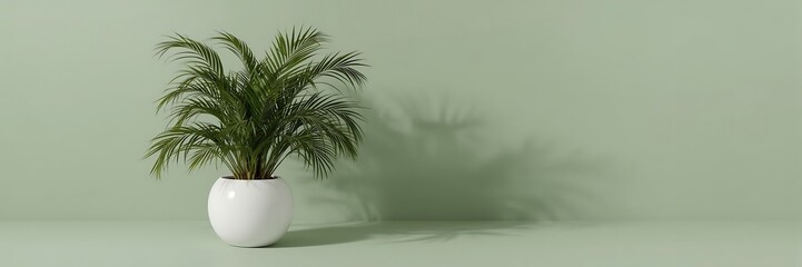 Fototapeta premium Green fern plant in a white pot on a green surface with shadow on the wall in a minimal style, perfect for modern home decoration