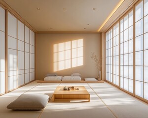 Serene Minimalist Japanese-Style Room Interior Design with Shoji Screens and Natural Light
