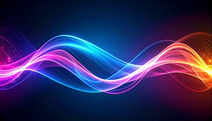Vibrant, flowing light waves in a spectrum of colors against a dark blue background.