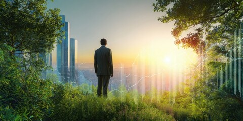 The businessman contemplating growth at sunrise amidst nature and urban landscape.