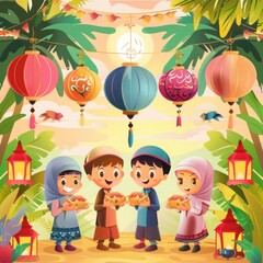 Celebrating Eid al-Fitr: Joyful Children with Lanterns and Festive Decorations