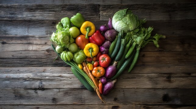 Overhead view of vibrant vegetables forming heart on rustic wood, soft illumination for diet guides, farm-to-table concepts, and natural lifestyle visuals
