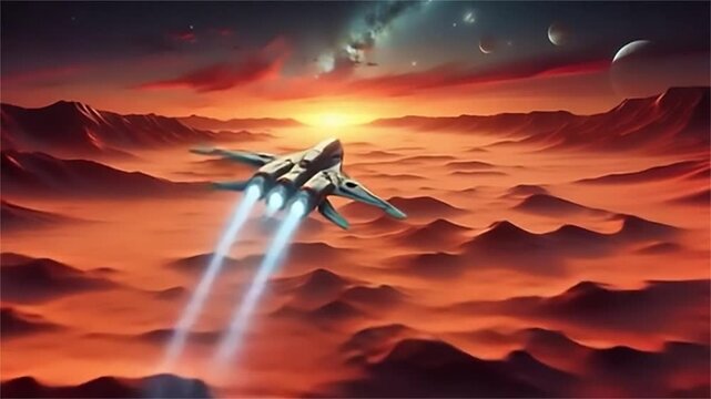 Futuristic Spaceship Flying Over Alien Planet at Sunrise