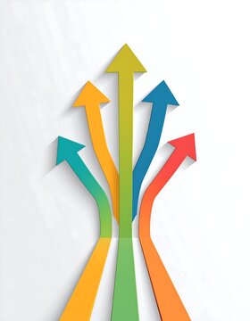 Five curved arrows converging upward, colorful, gradient effect, paper-like texture