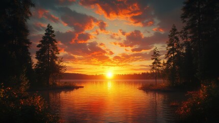 Serene sunset over tranquil lake with vibrant skies