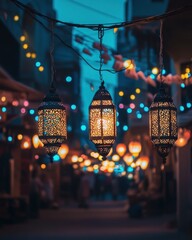 Enchanting Evening: Illuminated Street with Hanging Lanterns and Festive Lights