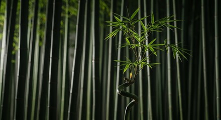 Green Bamboo Shoot with Lush Leaves and Forest Background
