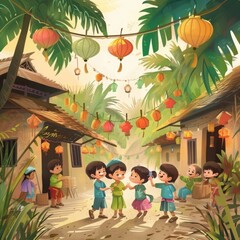 Joyful Children Celebrating Lantern Festival in a Vibrant Asian Village Street