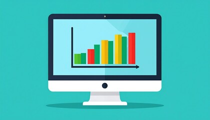 Desktop computer displaying a bar graph showing upward trend