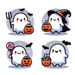 Cute ghost holding trick-or-treat bucket