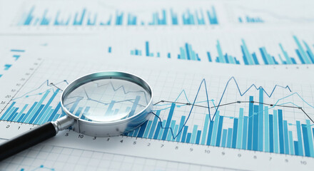 Business analytics concept showing a magnifying glass on financial charts. Depicting market research, data analysis, and statistical investigation.