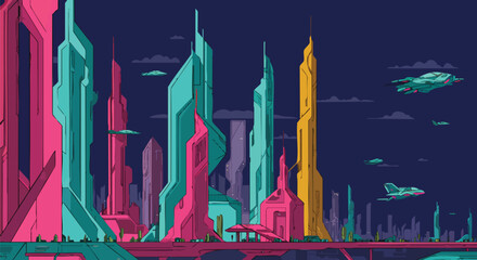 Futuristic Cityscape with Colorful Buildings and Flying Vehicles