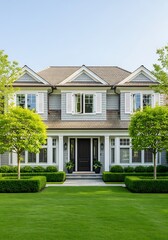 Fototapeta premium Elegant gray house with white trim, manicured lawn, and lush landscaping.