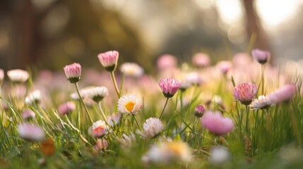 Shallow depth field of spring field with morning light, floral bokeh ideal for environmental campaigns, fresh concept art and seasonal backgrounds