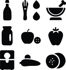 A black silhouette vector illustration set of food and drink icons