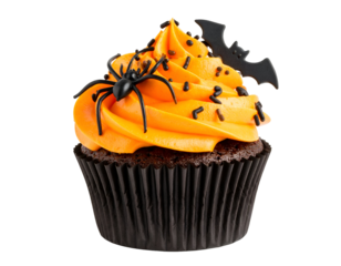 Halloween cupcake with spooky decorations isolated on transparent background