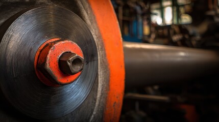 Orange-accented metallic machinery components, industrial abstract for safety awareness materials, equipment branding and engineering diagrams